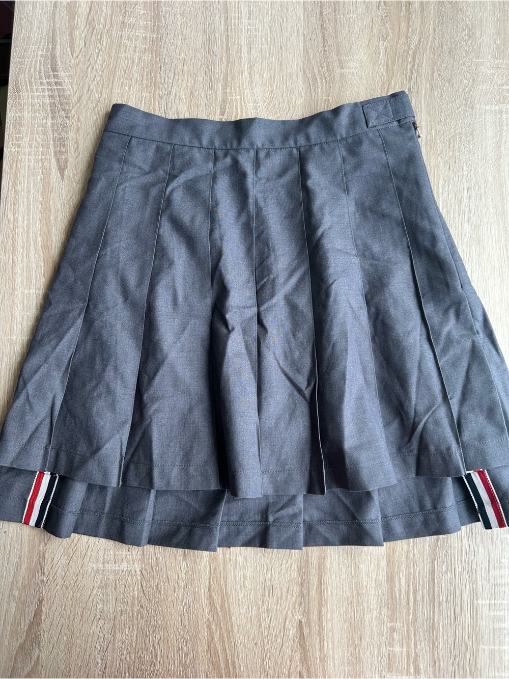 Thom Browne Gray Pleated Skirt with Signature Stripe Mini